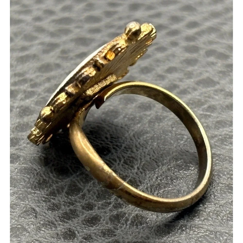 Vintage Guilloche Enamel Ornate Rose Cameo Ring Adjustable Gold Tone